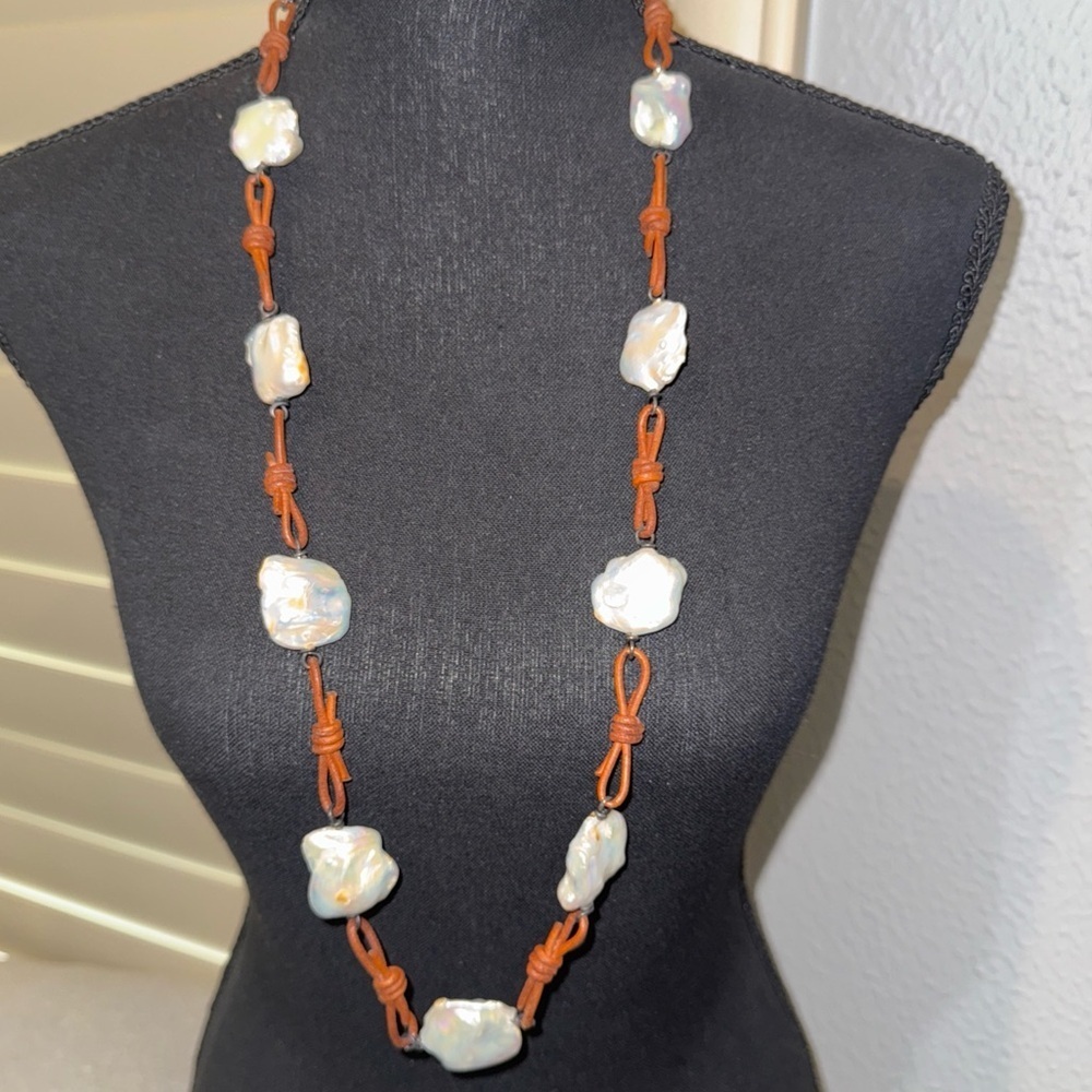 Vintage Sterling Silver White Coin Pearl Long on Leather Necklace Signed AS 925